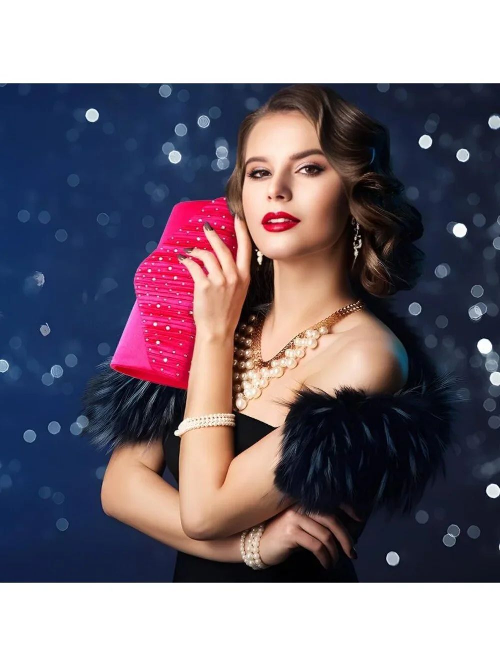 Women's Fuchsia Rhinestone Clutch Purse For Evening Bag Wedding Handbags